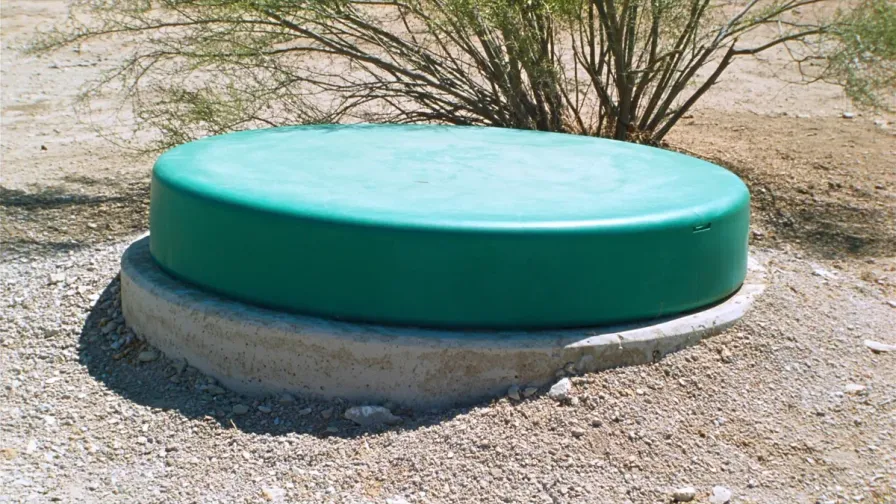 Septic tank access riser and lid at ground level in a gravel desert yard in Arizona